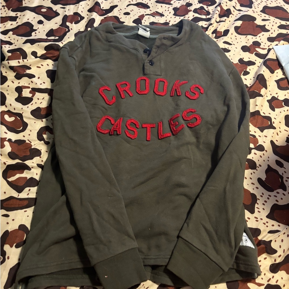 Crooks & Castles Dark Green Henley with Red Lettering